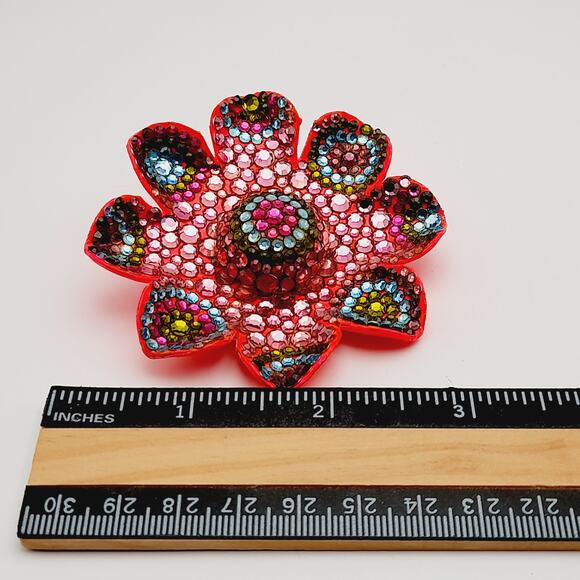 Vintage 1960s Hot Pink Enamel Flower Flat Back Rhinestones Large Brooch - Picture 7 of 8